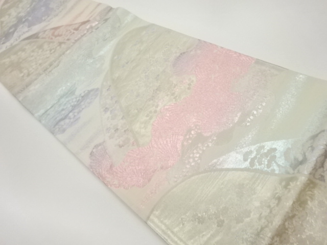 山並に花々・波・蝶・鳥模様織出し袋帯